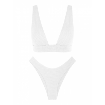 ZAFUL Textured Plunge High Cut Bikini Swimwear L White