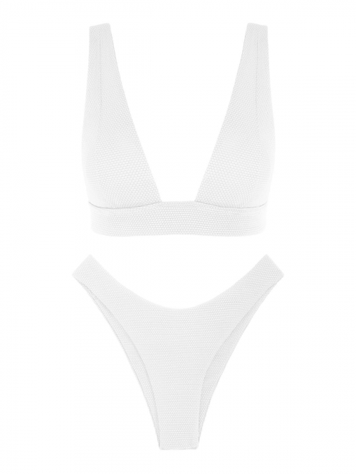 ZAFUL Textured Plunge High Cut Bikini Swimwear L White