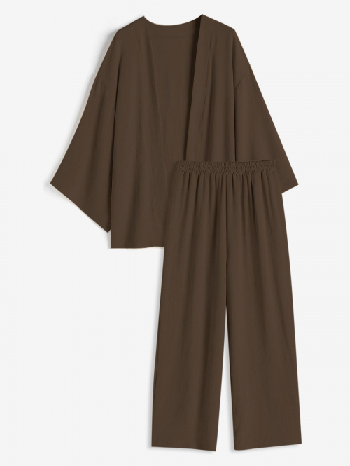 Matching Open Front Cardigan and Wide Leg Pants Set L Deep coffee