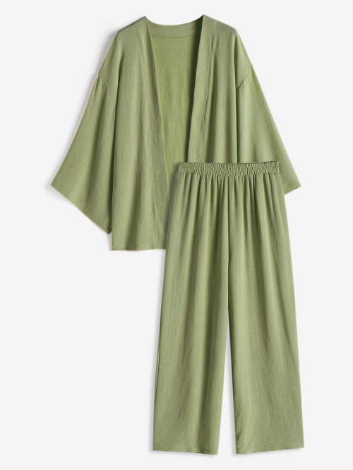 Matching Open Front Cardigan and Wide Leg Pants Set L Green