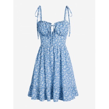 Mini Dress ZAFUL Cami Ditsy Floral Tie Shoulder Bustier Frilled Mini Dress L Blue