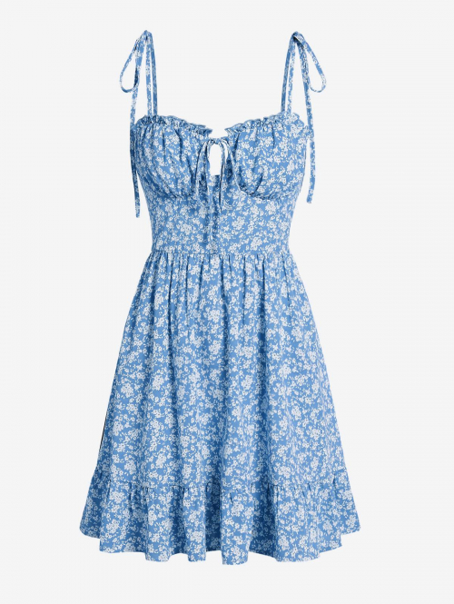 Mini Dress ZAFUL Cami Ditsy Floral Tie Shoulder Bustier Frilled Mini Dress L Blue