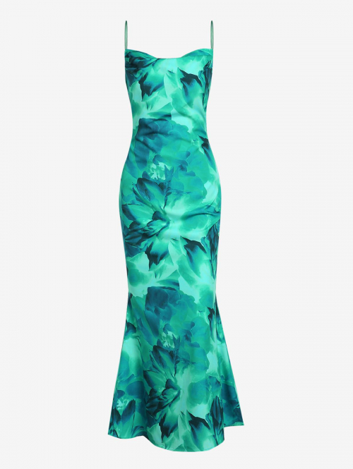 Bodycon Dress Women's Sexy Cowl Neck Spaghetti Strap Backless Floral Print Bodycon Maxi Long Party Vegas Going Out Dress L Green