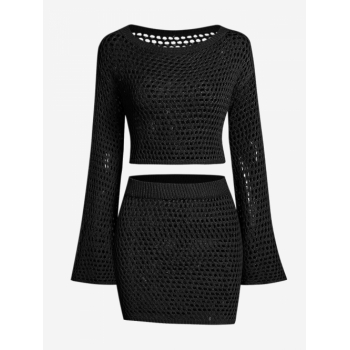 ZAFUL Matching Open Knit Crochet Flare Sleeve Top and Skirt Set S Black