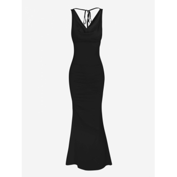 Bodycon Dress Silky Satin Backless Tie Cowl Front Maxi Vegas Dress L Black