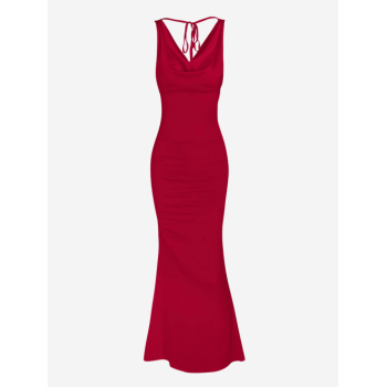 Bodycon Dress Silky Satin Backless Tie Cowl Front Maxi Vegas Dress L Red