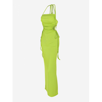 Bodycon Dress Women's Sexy Ribbed Halter Tie Backless Drawstring Cut Out Maxi Bodycon Dress M Green