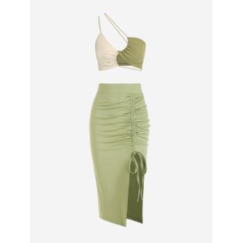 Women's Sexy Two Piece Dress Ribbed Colorblock Cutout One Shoulder Crop Tank Top and Cinched Notched Asymmetrical Skirt Set Light green