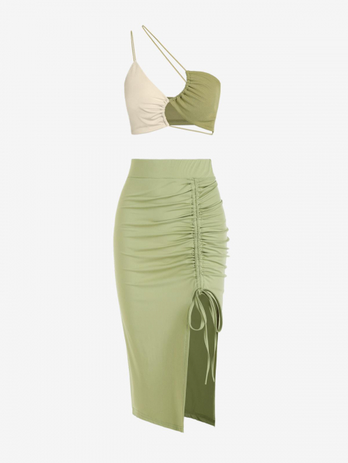 Women's Sexy Two Piece Dress Ribbed Colorblock Cutout One Shoulder Crop Tank Top and Cinched Notched Asymmetrical Skirt Set Light green