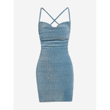 Bodycon Dress Women's Sexy Date Night Out Chenille Textured Criss Cross Lace Up Open Back Cowl Front Slinky Mini Dress M Blue