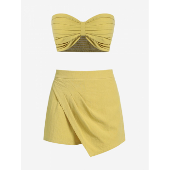 Women's Summer Sexy Going Out Smocked Ruched Crop Tube Top Overlap Design Ruched Skort Set Yellow