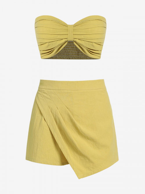 Women's Summer Sexy Going Out Smocked Ruched Crop Tube Top Overlap Design Ruched Skort Set Yellow