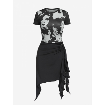 Women's Abstract Figure Print Short Sleeves Vintage Baby Tee Solid Color Ruffles Metal Ruched Mini Skirt Set Two Piece Dress Black