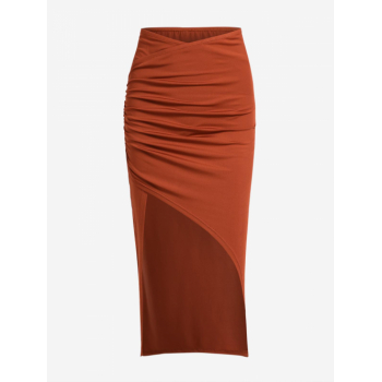 ZAFUL Women's Sexy Dating Solid Color Ruched Crossover Design Split Midi Asymmetric Skirt M Coffee