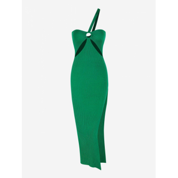 Bodycon Dress Women's Sexy Elegant Ribbed Knit One Shoulder O-ring Decor Thigh High Slit Cut Out Slinky Midi Dress M Green