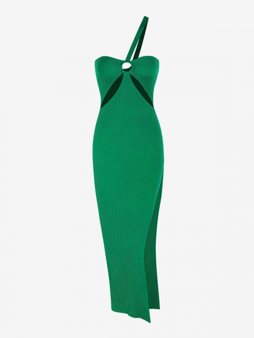 Bodycon Dress Women's Sexy Elegant Ribbed Knit One Shoulder O-ring Decor Thigh High Slit Cut Out Slinky Midi Dress M Green