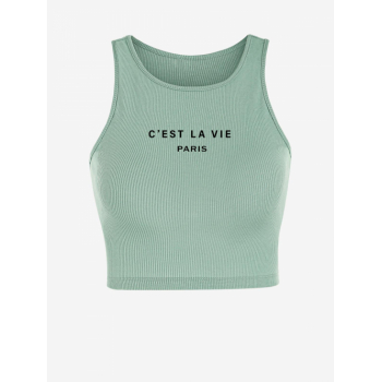 Women Tank Tops C'est la vie PARIS Ribbed Letter Graphic Printed Sporty Crop Baby Tank Top M Light green