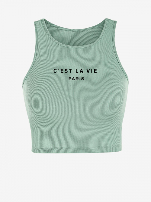 Women Tank Tops C'est la vie PARIS Ribbed Letter Graphic Printed Sporty Crop Baby Tank Top M Light green