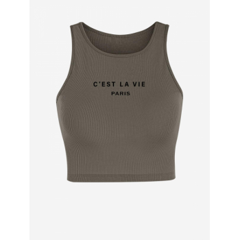 Women Tank Tops C'est la vie PARIS Ribbed Letter Graphic Printed Sporty Crop Baby Tank Top L Deep coffee