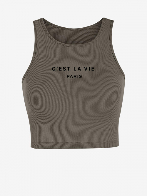 Women Tank Tops C'est la vie PARIS Ribbed Letter Graphic Printed Sporty Crop Baby Tank Top L Deep coffee