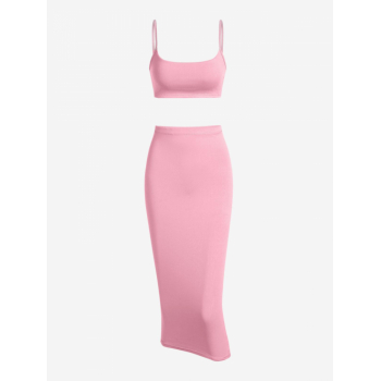 Women's Co Ord Set Solid Color Backless Crop Bralette Cami Top and Slinky Midi Skirt Set Two Piece Dress M Light pink