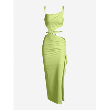 Maxi Sexy Asymmetric Ruched High Slit Cinched Cut Out Strappy Maxi Dress S Green