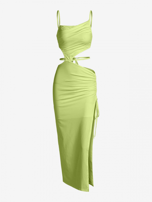 Maxi Sexy Asymmetric Ruched High Slit Cinched Cut Out Strappy Maxi Dress S Green