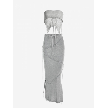 Knitted Two Piece Dress Backless Openwork Napkin Tube Top With Slit Long Skirt Gray