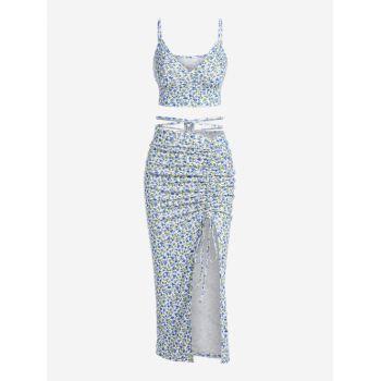 Women's Summer Vacation Outfits Two Piece Dress Ditsy Print Ribbed Crop Camisole and Cinched Slit Midriff Flossing Skirt Set Blue