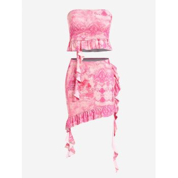 Allover Print Bandeau Ruffle Mini Asymmetric Skirt Set M Light pink