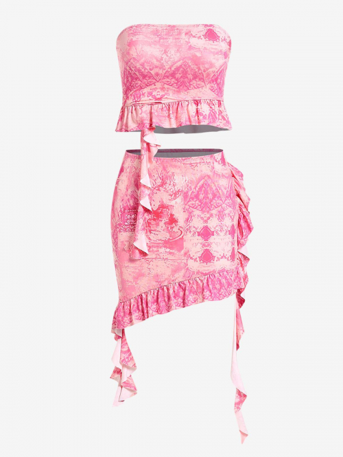 Allover Print Bandeau Ruffle Mini Asymmetric Skirt Set M Light pink