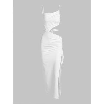 Maxi Sexy Asymmetric Ruched High Slit Cinched Cut Out Strappy Maxi Dress M White