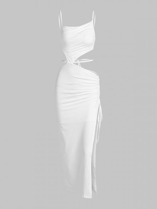 Maxi Sexy Asymmetric Ruched High Slit Cinched Cut Out Strappy Maxi Dress M White