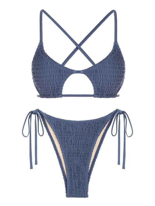 ZAFUL Criss Cross Star-shaped Keyhole Smocked String Bikini Swimwear M Deep blue