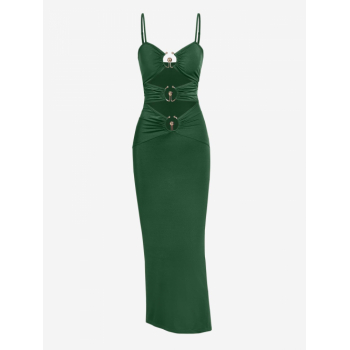 Bodycon Dress ZAFUL Women's Party Maxi Vegas Dress Cami Spaghetti Strap Cut Out Metal Hardware O Ring Slinky Bodycon Ruched M Deep green