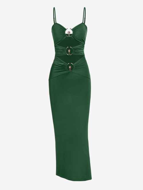 Bodycon Dress ZAFUL Women's Party Maxi Vegas Dress Cami Spaghetti Strap Cut Out Metal Hardware O Ring Slinky Bodycon Ruched M Deep green