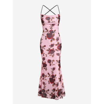 Bodycon Dress Sexy Rose Floral Print Cowl Neck Backless Criss Cross Lined Mesh Sheath Midi Cami Party Dress L Light pink