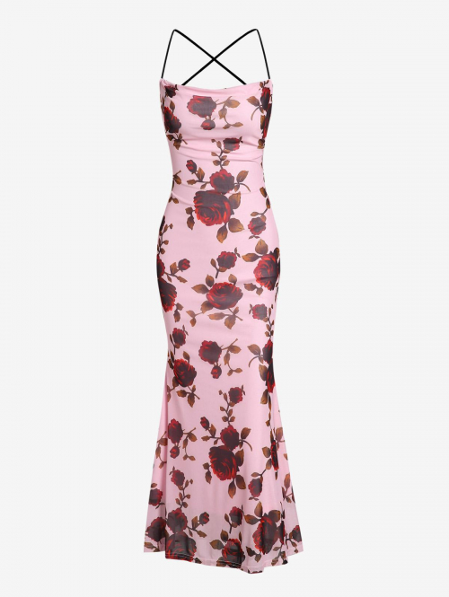 Bodycon Dress Sexy Rose Floral Print Cowl Neck Backless Criss Cross Lined Mesh Sheath Midi Cami Party Dress L Light pink