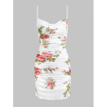 Bodycon Dress Sexy Lettuce Hem Floral Print Cinched Cowl Neck Lined Mesh Club Cami Mini Bodycon Dress S White