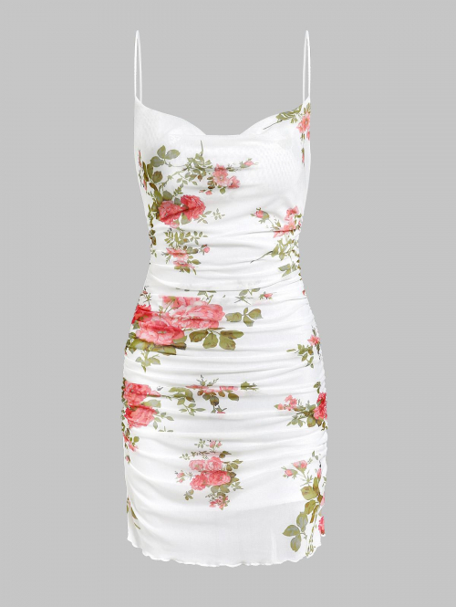 Bodycon Dress Sexy Lettuce Hem Floral Print Cinched Cowl Neck Lined Mesh Club Cami Mini Bodycon Dress S White