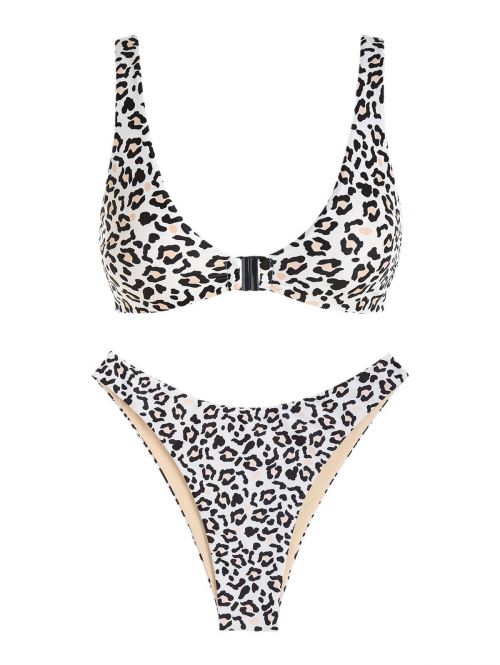 ZAFUL Front Closure High Leg Leopard Bikini Swimwear L