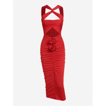 Bodycon Dress Rosette Cut Out Ruched Twisted Maxi Bodycon Vegas Dress S Red