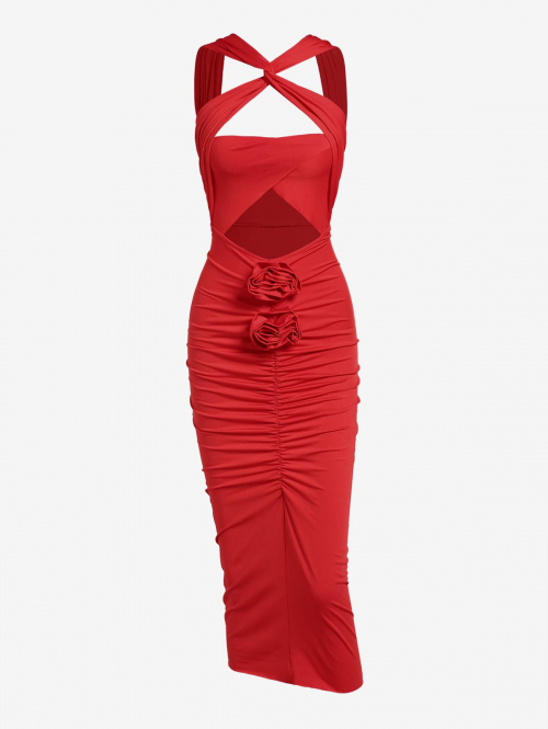 Bodycon Dress Rosette Cut Out Ruched Twisted Maxi Bodycon Vegas Dress S Red