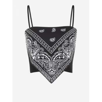 Women Tank Tops Ethnic Paisley Printed Panel Knitted Scarf-style Overlap Cami Top Black