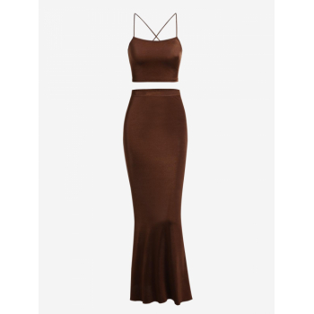 ZAFUL Solid Color Criss Cross Backless Crop Cami Tank Top With Mermaid Long Skirt Lustrous Two Piece Dress L Deep coffee