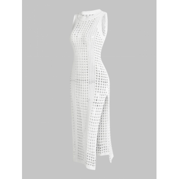 Bodycon Dress Sexy Sleeveless Openwork High Slit Beach Vacation Knitted Midi Cover Up Dress White