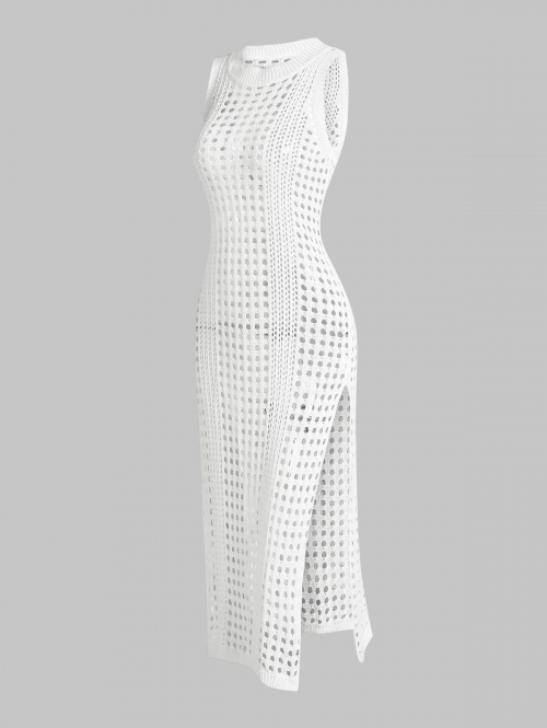 Bodycon Dress Sexy Sleeveless Openwork High Slit Beach Vacation Knitted Midi Cover Up Dress White