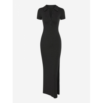 Casual Button Front Ribbed Polo Collar Side Slit Maxi Dress M Black