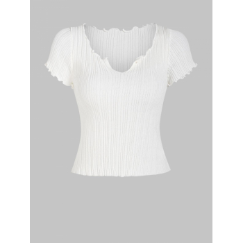 Fashion Women Tees Rib Knit V Notched Lettuce Trim T Shirt White