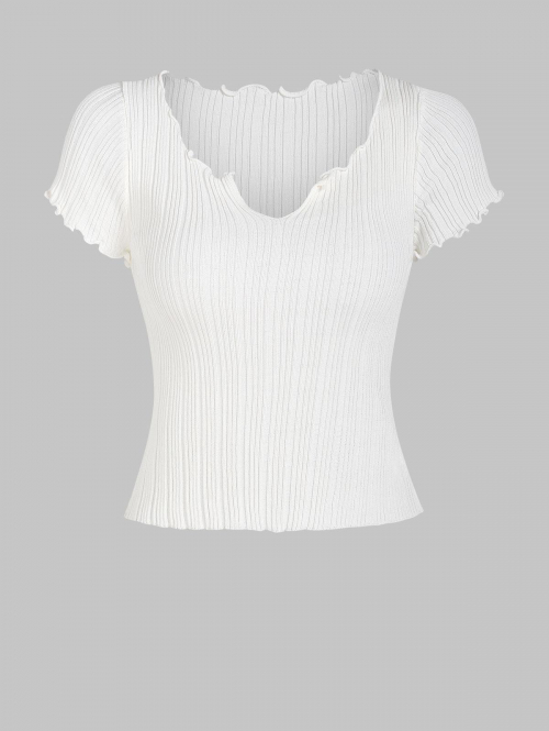 Fashion Women Tees Rib Knit V Notched Lettuce Trim T Shirt White